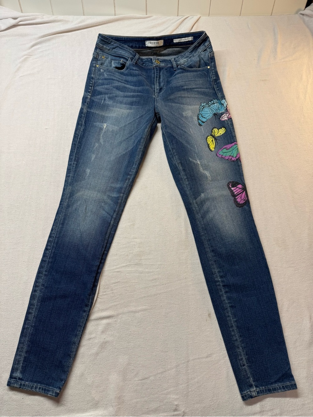 Guess Dark Blue Skinny Jeans with Colorful Butterfly Patches